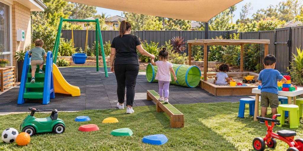 AI-generated image: an educator walking a toddler along a low balance beam in a shaded backyard, while other children use a slide, a sandpit and a block table.