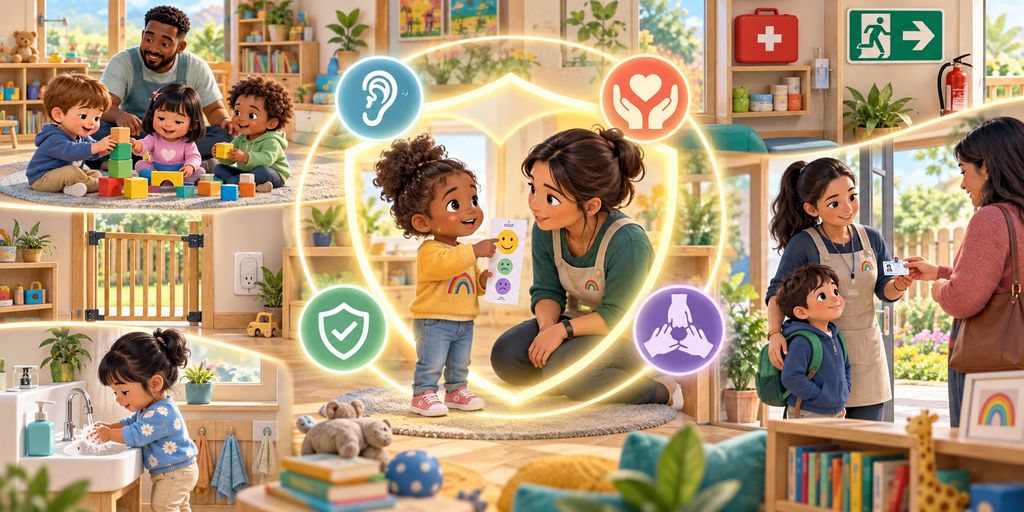AI-generated illustration: educators keeping children safe &mdash; playing with blocks, a child washing hands, a safety gate, a first aid kit and exit sign, an educator checking ID at pick-up, and a child sharing feelings with an educator inside a shield.