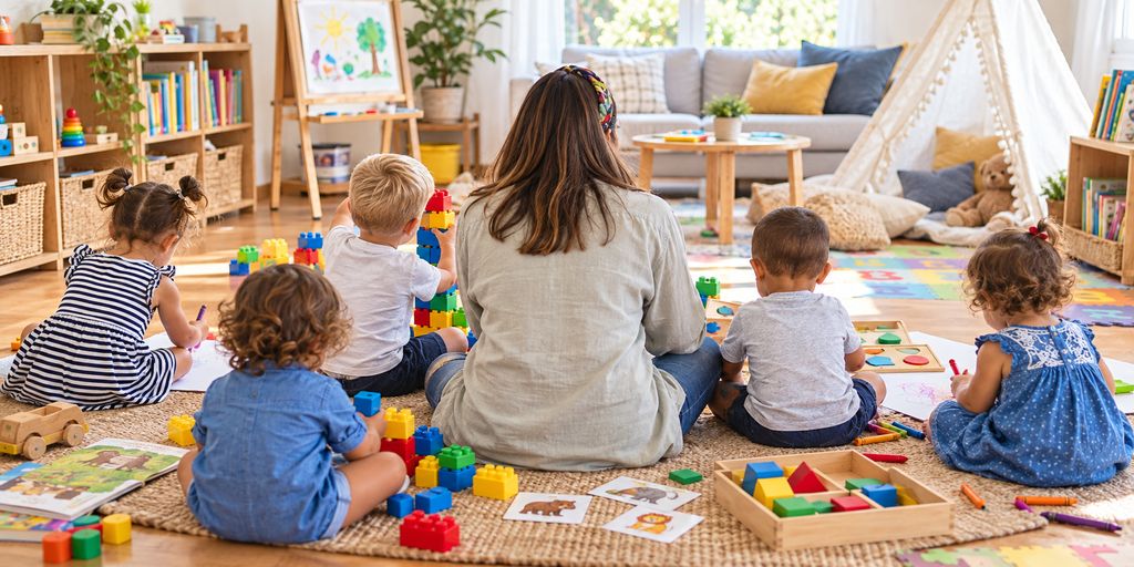 AI-generated image: an educator sitting on a rug with six young children who are building with blocks, doing puzzles and drawing in a bright home play room.