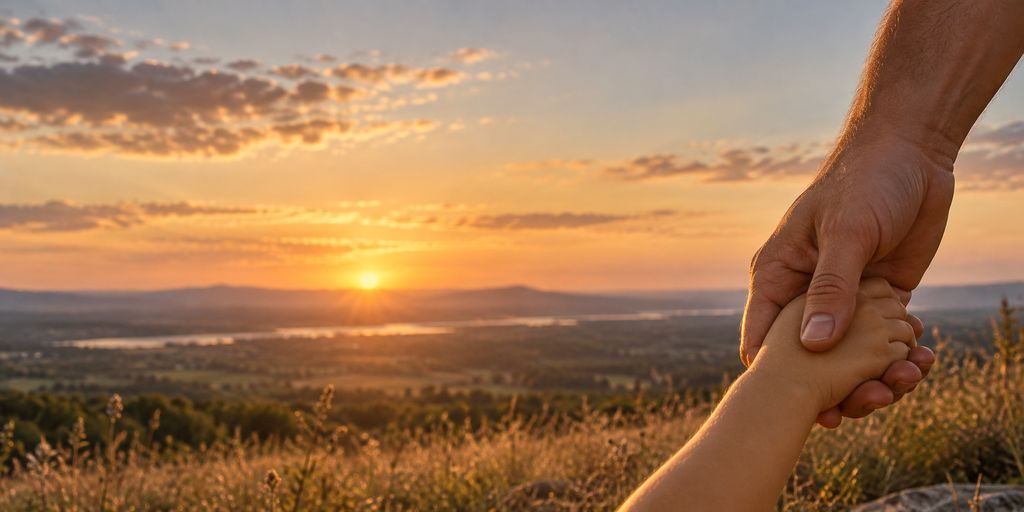 AI-generated image: an adult holding a young child&rsquo;s hand, looking out over a valley at sunset.