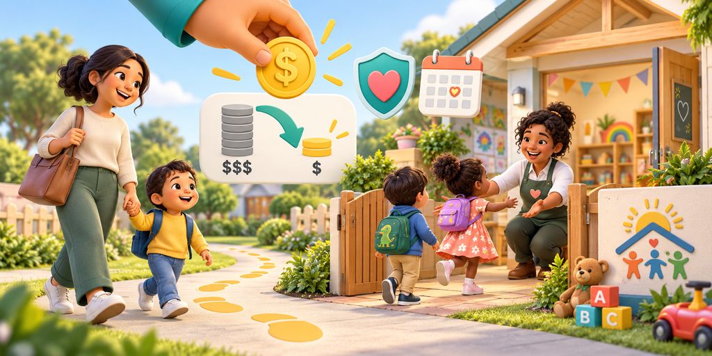 AI-generated illustration: a parent and child walking to a family day care home where an educator welcomes children, with a coin and a graphic showing costs reduced from three dollar signs to one.