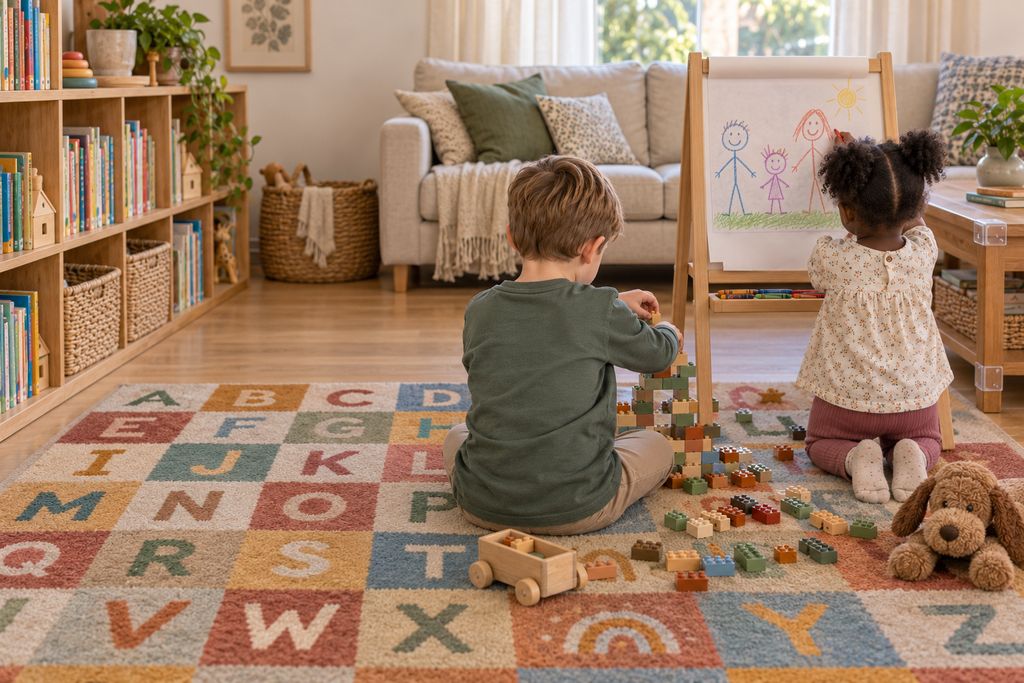 AI-generated image: two children, seen from behind, playing in a family day care lounge room &mdash; a boy building a block tower on an alphabet rug and a girl drawing a family at an easel.