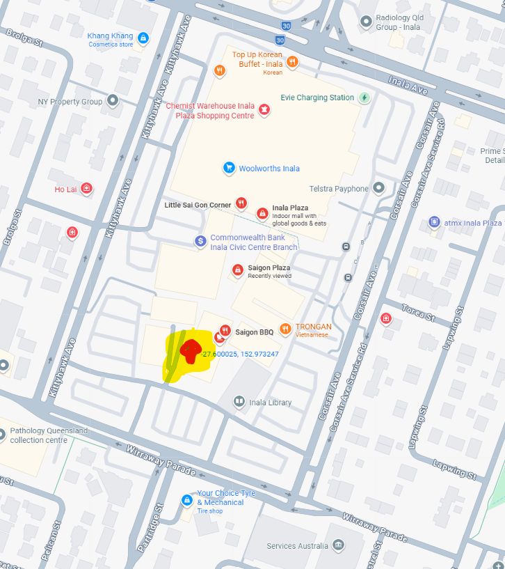Map of Saigon Plaza, Inala, with the Amana Kids office marked between Kittyhawk Avenue and Corsair Avenue, near Inala Library
